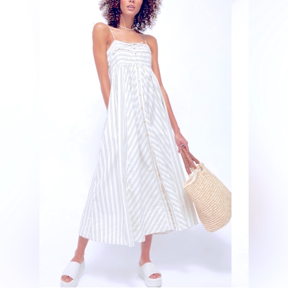 🌟FREE PEOPLE Easy Breezy Midi Dress, Sz.L., Ivory Combo, Lovely Navy Stripes 🌻